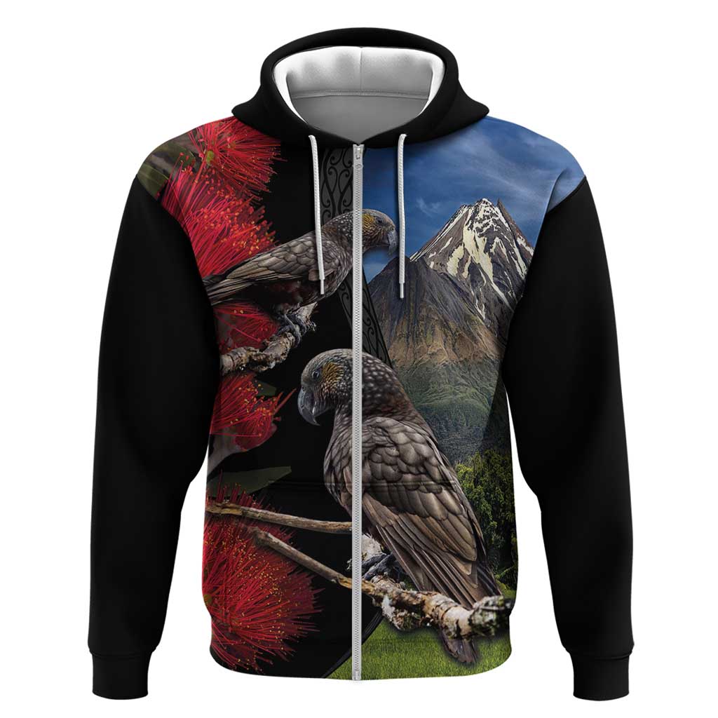 New Zealand Kea And Pohutukawa Hoodie With The Mountain Landscape LT03 Zip Hoodie Black - Polynesian Pride