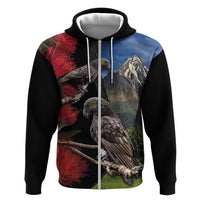 New Zealand Kea And Pohutukawa Hoodie With The Mountain Landscape LT03 Zip Hoodie Black - Polynesian Pride