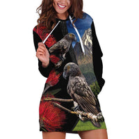New Zealand Kea And Pohutukawa Hoodie Dress With The Mountain Landscape LT03 Black - Polynesian Pride