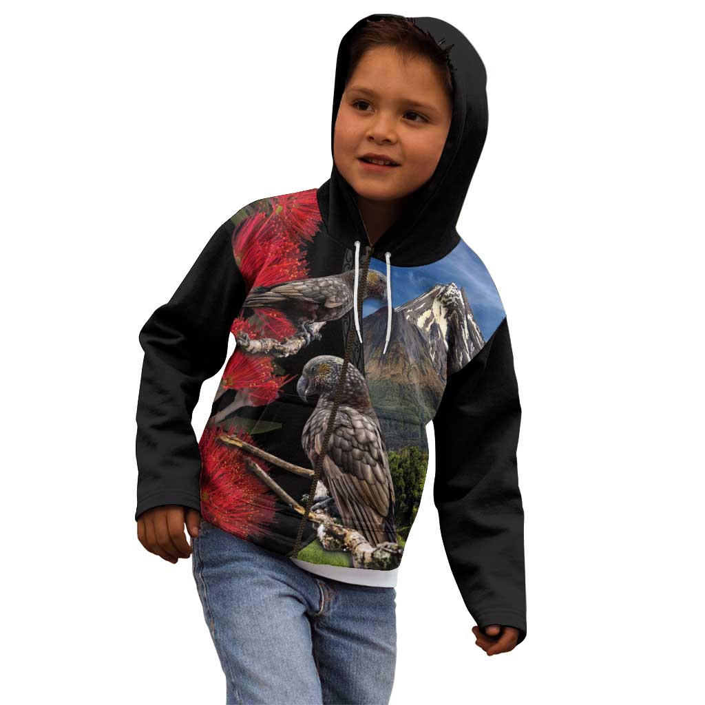 New Zealand Kea And Pohutukawa Kid Hoodie With The Mountain Landscape LT03 - Polynesian Pride