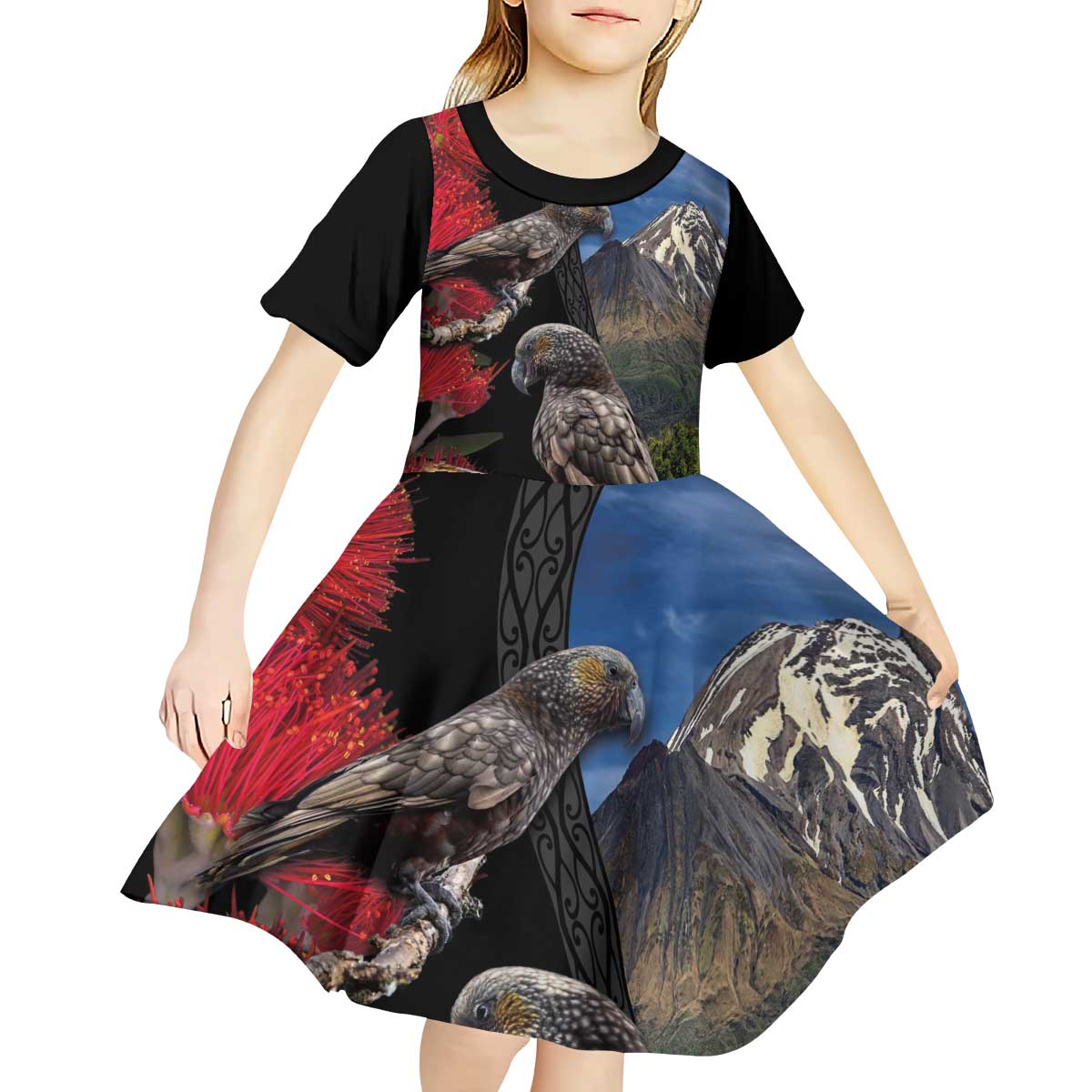 New Zealand Kea And Pohutukawa Kid Short Sleeve Dress With The Mountain Landscape LT03 - Polynesian Pride