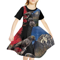 New Zealand Kea And Pohutukawa Kid Short Sleeve Dress With The Mountain Landscape LT03 - Polynesian Pride