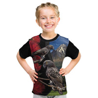 New Zealand Kea And Pohutukawa Kid T Shirt With The Mountain Landscape LT03 Black - Polynesian Pride
