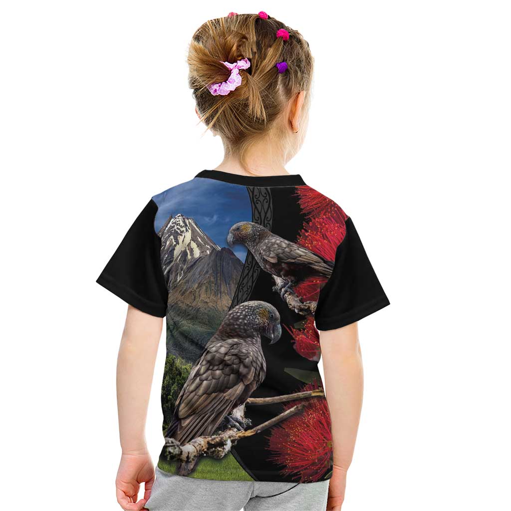 New Zealand Kea And Pohutukawa Kid T Shirt With The Mountain Landscape LT03 - Polynesian Pride
