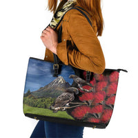 New Zealand Kea And Pohutukawa Leather Tote Bag With The Mountain Landscape LT03 Black - Polynesian Pride