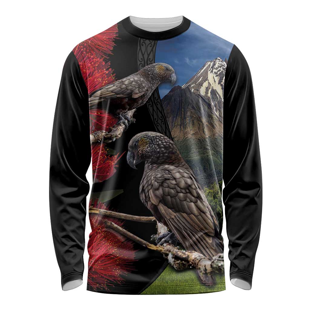 New Zealand Kea And Pohutukawa Long Sleeve Shirt With The Mountain Landscape LT03 Unisex Black - Polynesian Pride