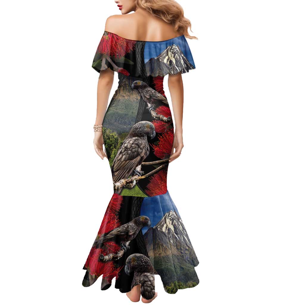 New Zealand Kea And Pohutukawa Mermaid Dress With The Mountain Landscape LT03 - Polynesian Pride