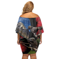New Zealand Kea And Pohutukawa Off Shoulder Short Dress With The Mountain Landscape LT03 - Polynesian Pride