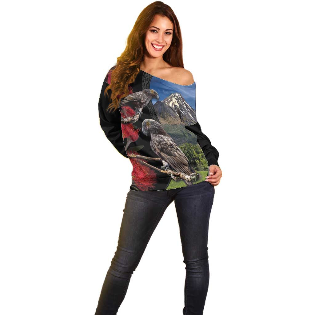 New Zealand Kea And Pohutukawa Off Shoulder Sweater With The Mountain Landscape