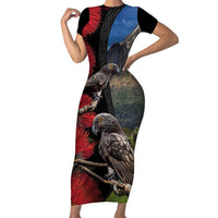 New Zealand Kea And Pohutukawa Short Sleeve Bodycon Dress With The Mountain Landscape LT03 Long Dress Black - Polynesian Pride