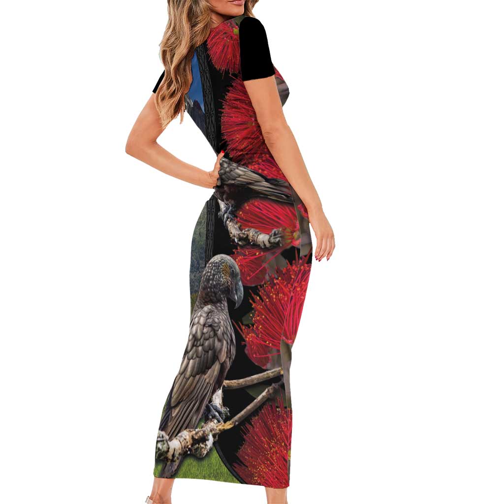 New Zealand Kea And Pohutukawa Short Sleeve Bodycon Dress With The Mountain Landscape LT03 - Polynesian Pride