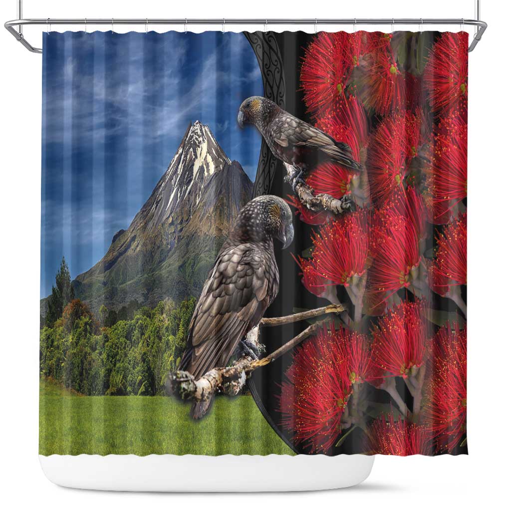 New Zealand Kea And Pohutukawa Shower Curtain With The Mountain Landscape LT03 Black - Polynesian Pride