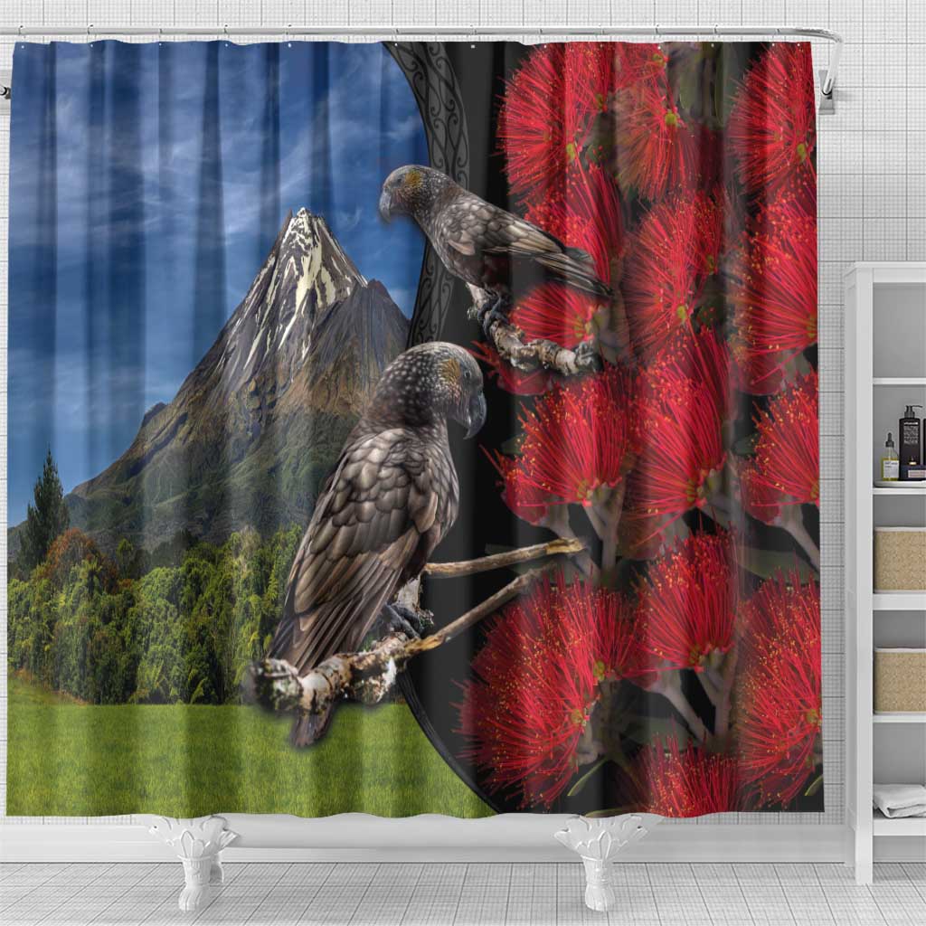 New Zealand Kea And Pohutukawa Shower Curtain With The Mountain Landscape LT03 - Polynesian Pride