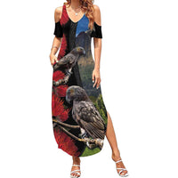 New Zealand Kea And Pohutukawa Summer Maxi Dress With The Mountain Landscape LT03 Women Black - Polynesian Pride