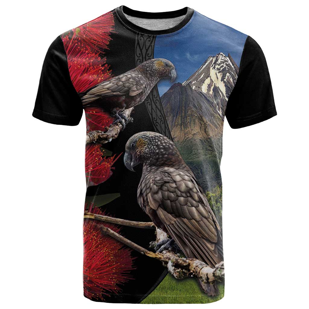 New Zealand Kea And Pohutukawa T Shirt With The Mountain Landscape LT03 Black - Polynesian Pride