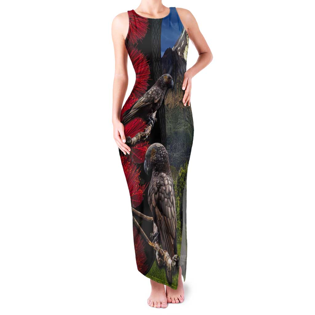New Zealand Kea And Pohutukawa Tank Maxi Dress With The Mountain Landscape LT03 Women Black - Polynesian Pride