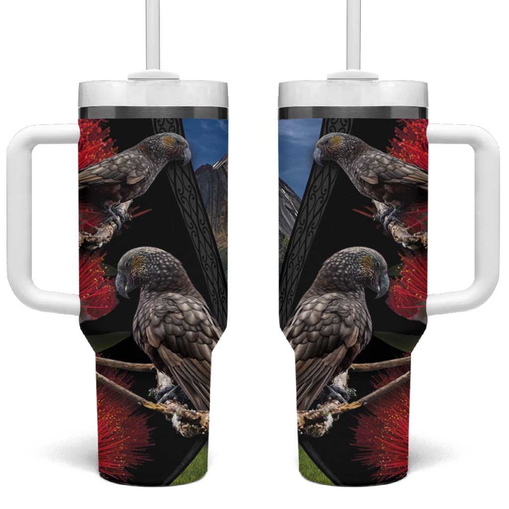 New Zealand Kea And Pohutukawa Tumbler With Handle With The Mountain Landscape LT03 One Size: 40 oz Black - Polynesian Pride