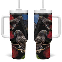 New Zealand Kea And Pohutukawa Tumbler With Handle With The Mountain Landscape LT03 One Size: 40 oz Black - Polynesian Pride