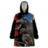 New Zealand Kea And Pohutukawa Wearable Blanket Hoodie With The Mountain Landscape LT03 One Size Black - Polynesian Pride
