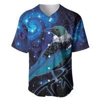 New Zealand Tui Bird Baseball Jersey The Pleiades Star Cluster and Koru Tribal Tattoo Galaxy Vibe LT03 Blue - Polynesian Pride