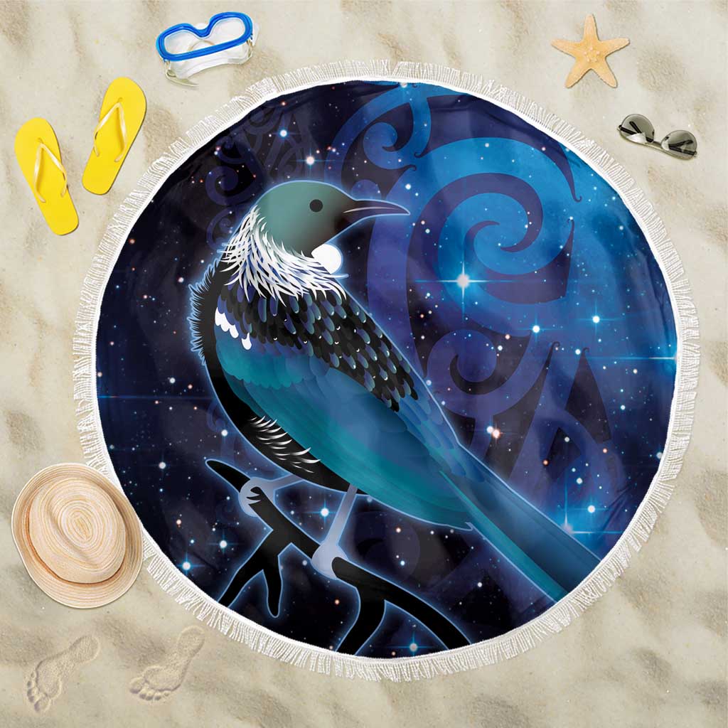 New Zealand Tui Bird Beach Blanket The Pleiades Star Cluster and Koru Tribal Tattoo Galaxy Vibe LT03 One Size 150cm Blue - Polynesian Pride