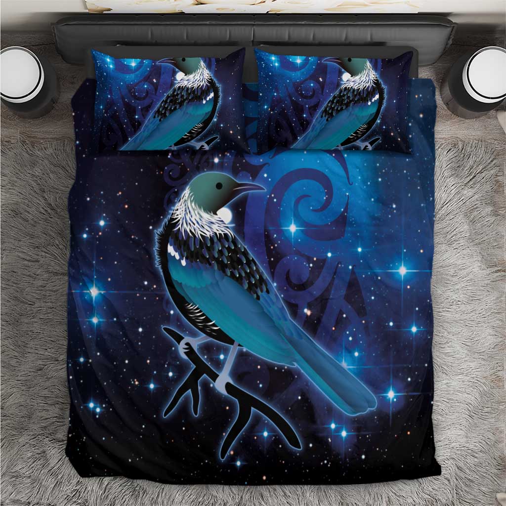 New Zealand Tui Bird Bedding Set The Pleiades Star Cluster and Koru Tribal Tattoo Galaxy Vibe LT03 Blue - Polynesian Pride