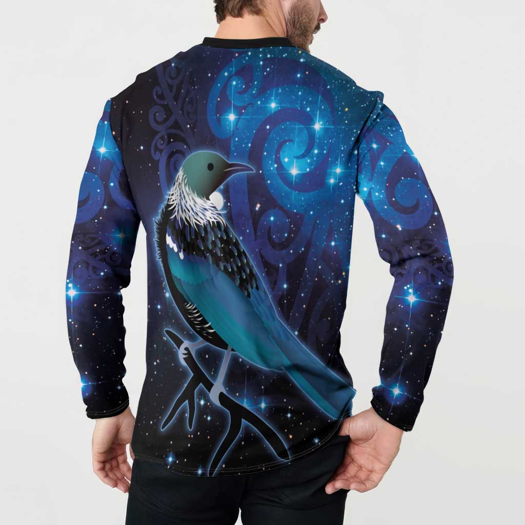 New Zealand Tui Bird Button Sweatshirt The Pleiades Star Cluster and Koru Tribal Tattoo Galaxy Vibe LT03 - Polynesian Pride