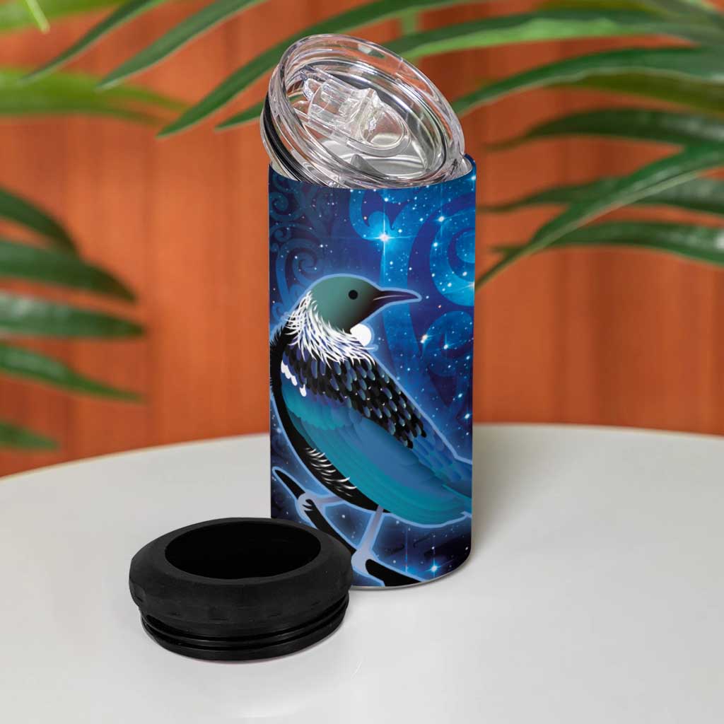 New Zealand Tui Bird 4 in 1 Can Cooler Tumbler The Pleiades Star Cluster and Koru Tribal Tattoo Galaxy Vibe LT03 - Polynesian Pride