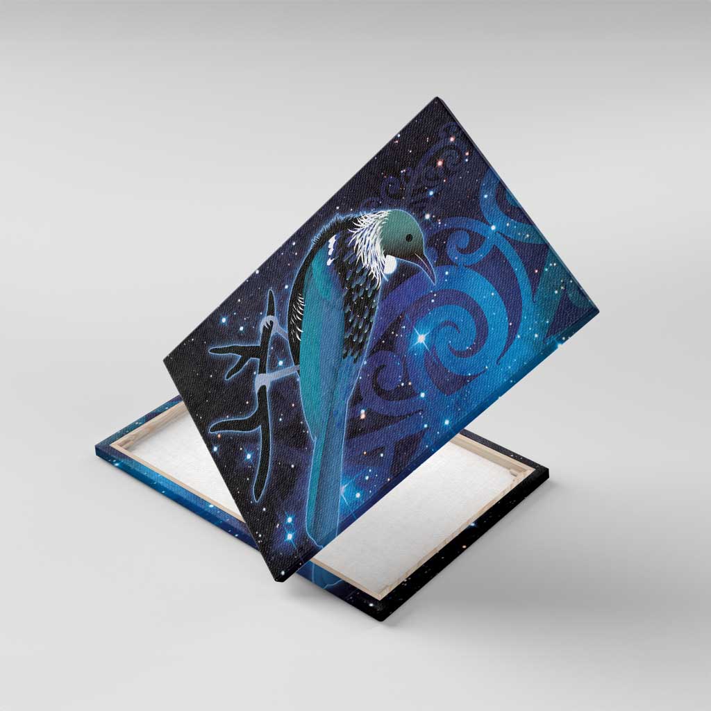 New Zealand Tui Bird Canvas Wall Art The Pleiades Star Cluster and Koru Tribal Tattoo Galaxy Vibe LT03 With Frame Blue - Polynesian Pride