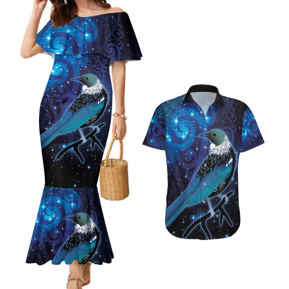 New Zealand Tui Bird Couples Matching Mermaid Dress and Hawaiian Shirt The Pleiades Star Cluster and Koru Tribal Tattoo Galaxy Vibe LT03 Blue - Polynesian Pride