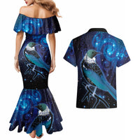 New Zealand Tui Bird Couples Matching Mermaid Dress and Hawaiian Shirt The Pleiades Star Cluster and Koru Tribal Tattoo Galaxy Vibe LT03 - Polynesian Pride