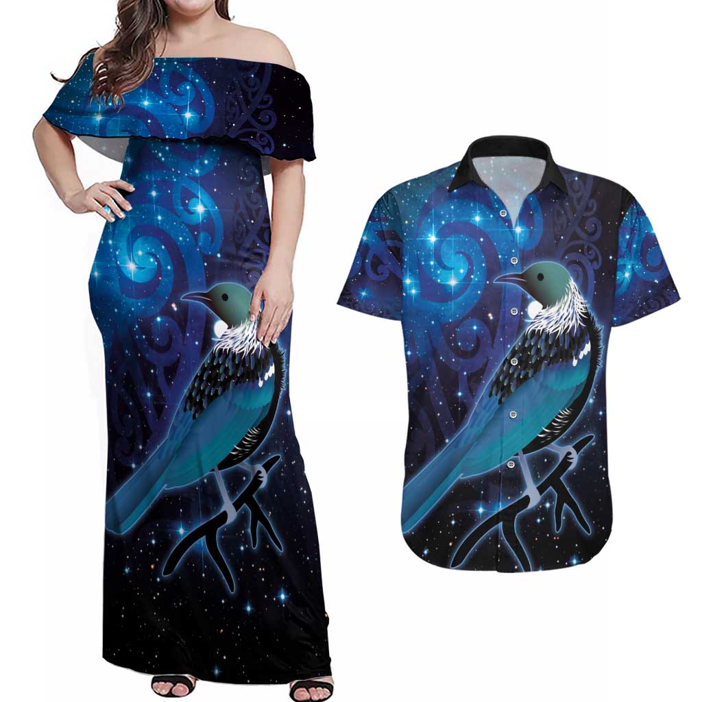 New Zealand Tui Bird Couples Matching Off Shoulder Maxi Dress and Hawaiian Shirt The Pleiades Star Cluster and Koru Tribal Tattoo Galaxy Vibe LT03 Blue - Polynesian Pride