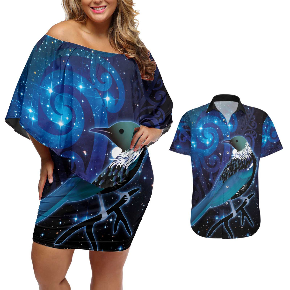 New Zealand Tui Bird Couples Matching Off Shoulder Short Dress and Hawaiian Shirt The Pleiades Star Cluster and Koru Tribal Tattoo Galaxy Vibe LT03 Blue - Polynesian Pride