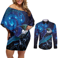 New Zealand Tui Bird Couples Matching Off Shoulder Short Dress and Long Sleeve Button Shirt The Pleiades Star Cluster and Koru Tribal Tattoo Galaxy Vibe LT03 Blue - Polynesian Pride