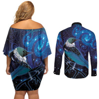 New Zealand Tui Bird Couples Matching Off Shoulder Short Dress and Long Sleeve Button Shirt The Pleiades Star Cluster and Koru Tribal Tattoo Galaxy Vibe LT03 - Polynesian Pride