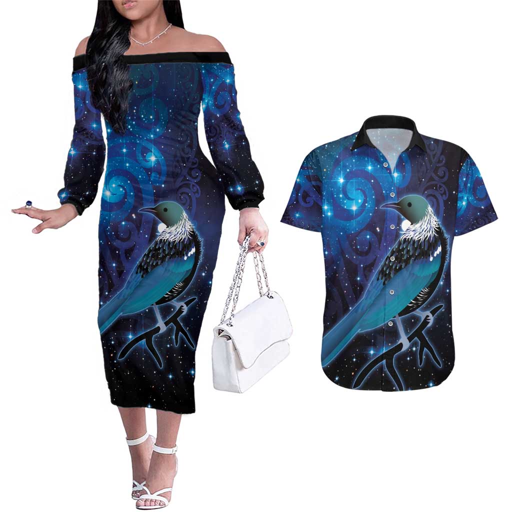 New Zealand Tui Bird Couples Matching Off The Shoulder Long Sleeve Dress and Hawaiian Shirt The Pleiades Star Cluster and Koru Tribal Tattoo Galaxy Vibe LT03 Blue - Polynesian Pride