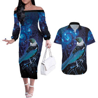 New Zealand Tui Bird Couples Matching Off The Shoulder Long Sleeve Dress and Hawaiian Shirt The Pleiades Star Cluster and Koru Tribal Tattoo Galaxy Vibe LT03 Blue - Polynesian Pride