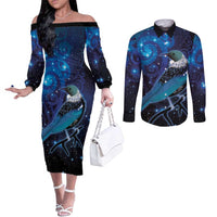 New Zealand Tui Bird Couples Matching Off The Shoulder Long Sleeve Dress and Long Sleeve Button Shirt The Pleiades Star Cluster and Koru Tribal Tattoo Galaxy Vibe LT03 Blue - Polynesian Pride