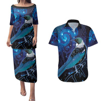 New Zealand Tui Bird Couples Matching Puletasi and Hawaiian Shirt The Pleiades Star Cluster and Koru Tribal Tattoo Galaxy Vibe LT03 Blue - Polynesian Pride