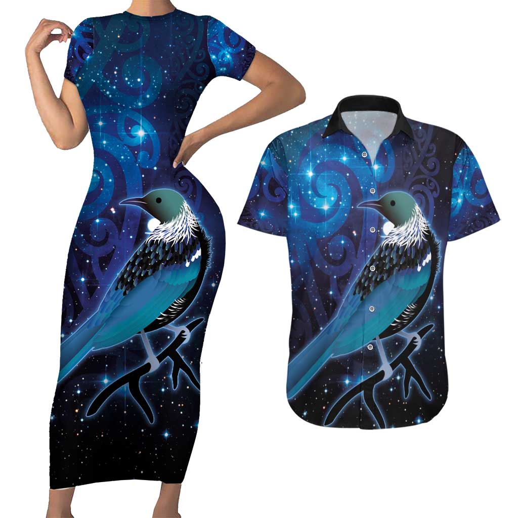 New Zealand Tui Bird Couples Matching Short Sleeve Bodycon Dress and Hawaiian Shirt The Pleiades Star Cluster and Koru Tribal Tattoo Galaxy Vibe LT03 Blue - Polynesian Pride