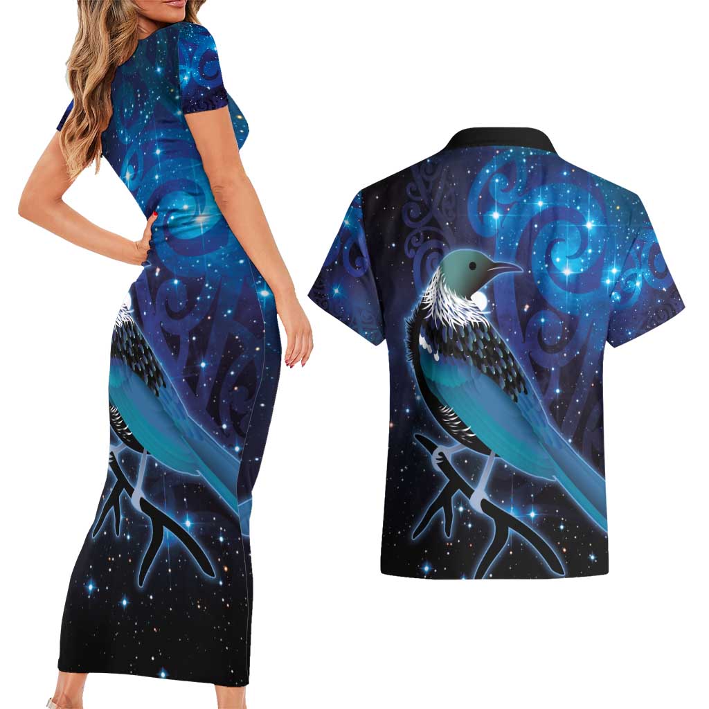 New Zealand Tui Bird Couples Matching Short Sleeve Bodycon Dress and Hawaiian Shirt The Pleiades Star Cluster and Koru Tribal Tattoo Galaxy Vibe LT03 - Polynesian Pride