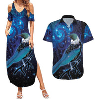 New Zealand Tui Bird Couples Matching Summer Maxi Dress and Hawaiian Shirt The Pleiades Star Cluster and Koru Tribal Tattoo Galaxy Vibe LT03 Blue - Polynesian Pride