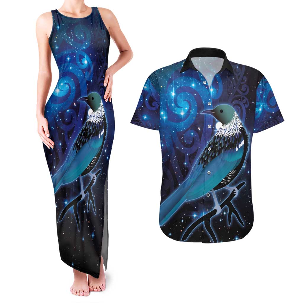 New Zealand Tui Bird Couples Matching Tank Maxi Dress and Hawaiian Shirt The Pleiades Star Cluster and Koru Tribal Tattoo Galaxy Vibe LT03 Blue - Polynesian Pride