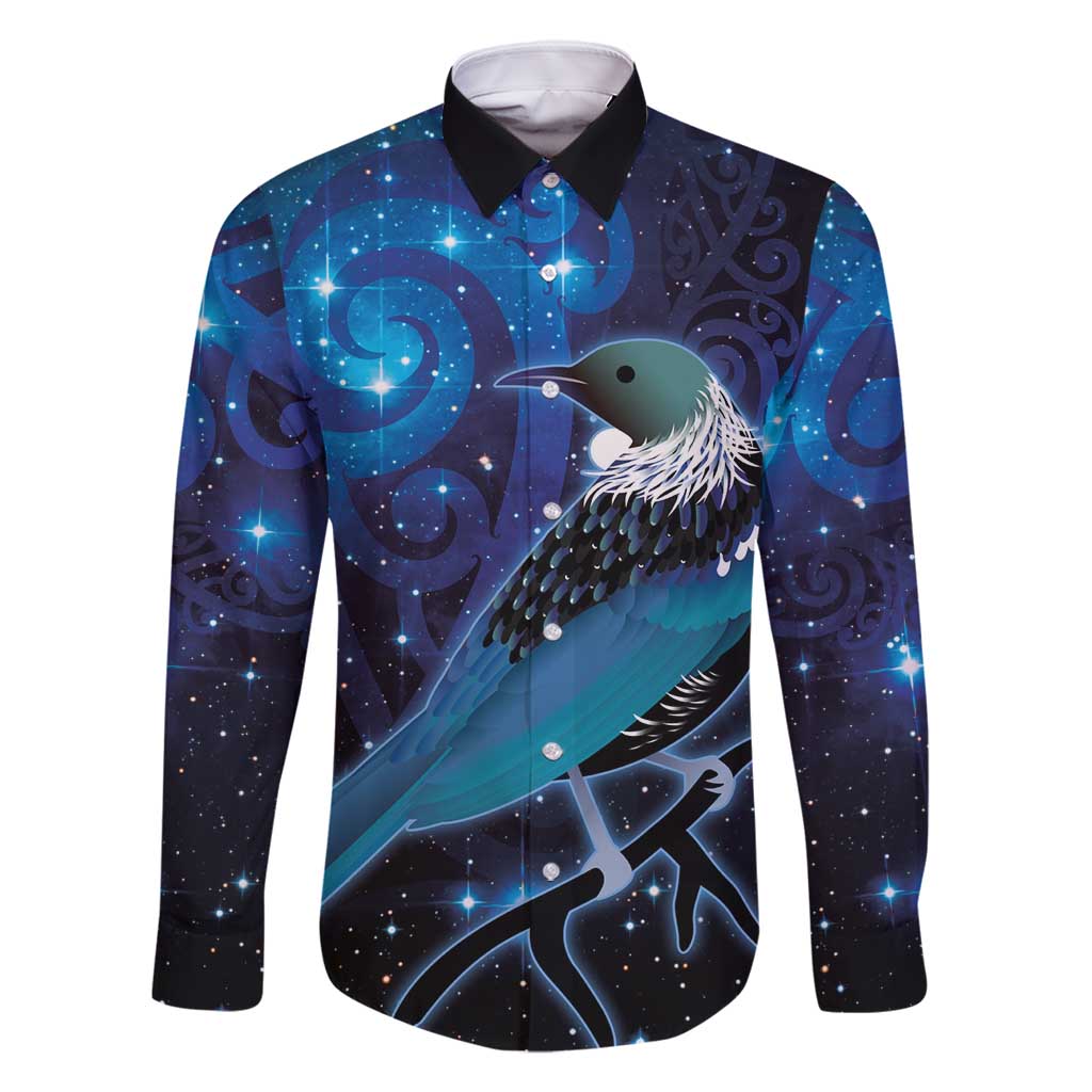 New Zealand Tui Bird Family Matching Mermaid Dress and Hawaiian Shirt The Pleiades Star Cluster and Koru Tribal Tattoo Galaxy Vibe LT03 Dad's Shirt - Long Sleeve Blue - Polynesian Pride
