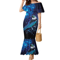 New Zealand Tui Bird Family Matching Mermaid Dress and Hawaiian Shirt The Pleiades Star Cluster and Koru Tribal Tattoo Galaxy Vibe LT03 Mom's Dress Blue - Polynesian Pride
