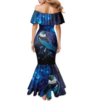 New Zealand Tui Bird Family Matching Mermaid Dress and Hawaiian Shirt The Pleiades Star Cluster and Koru Tribal Tattoo Galaxy Vibe LT03 - Polynesian Pride