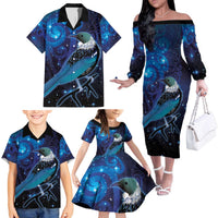New Zealand Tui Bird Family Matching Off The Shoulder Long Sleeve Dress and Hawaiian Shirt The Pleiades Star Cluster and Koru Tribal Tattoo Galaxy Vibe LT03 - Polynesian Pride