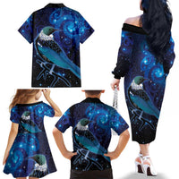 New Zealand Tui Bird Family Matching Off The Shoulder Long Sleeve Dress and Hawaiian Shirt The Pleiades Star Cluster and Koru Tribal Tattoo Galaxy Vibe LT03 - Polynesian Pride