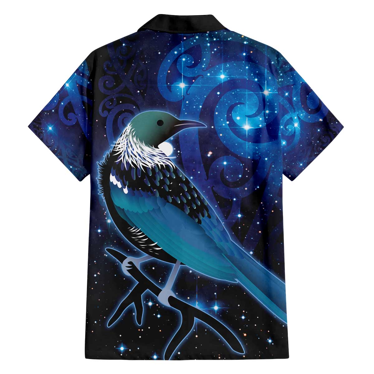 New Zealand Tui Bird Family Matching Off The Shoulder Long Sleeve Dress and Hawaiian Shirt The Pleiades Star Cluster and Koru Tribal Tattoo Galaxy Vibe LT03 - Polynesian Pride