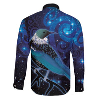 New Zealand Tui Bird Family Matching Off The Shoulder Long Sleeve Dress and Hawaiian Shirt The Pleiades Star Cluster and Koru Tribal Tattoo Galaxy Vibe LT03 - Polynesian Pride